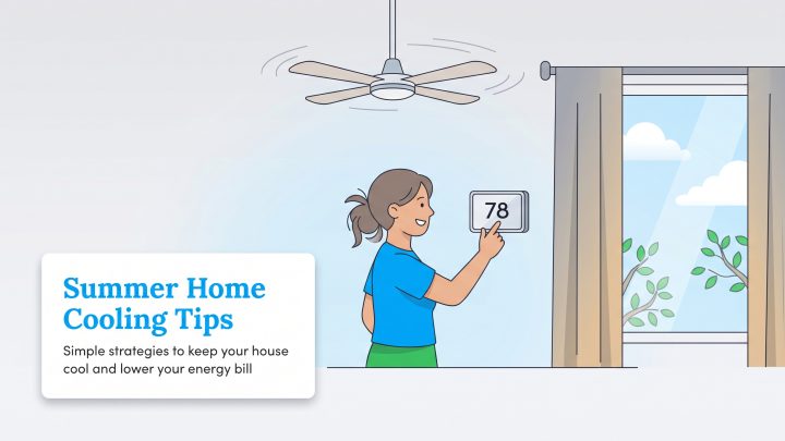 A woman sets a wall thermostat to 78 degrees with a ceiling fan running and a window visible.