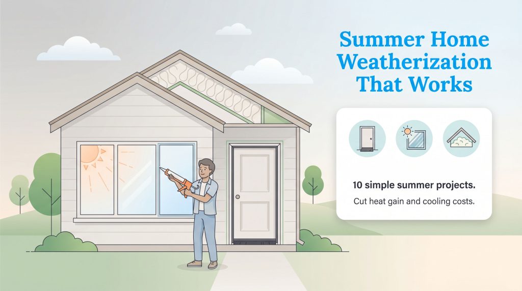 An illustration of a man caulking a house window under the title Summer Home Weatherization That Works.