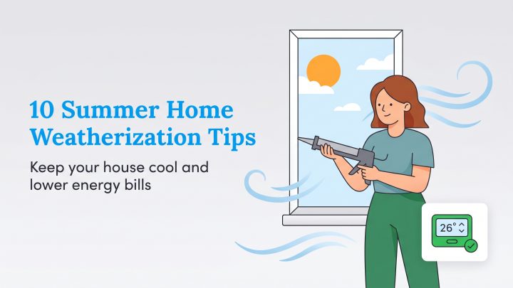 A woman seals a window with a caulk gun; a thermostat reads 26°.