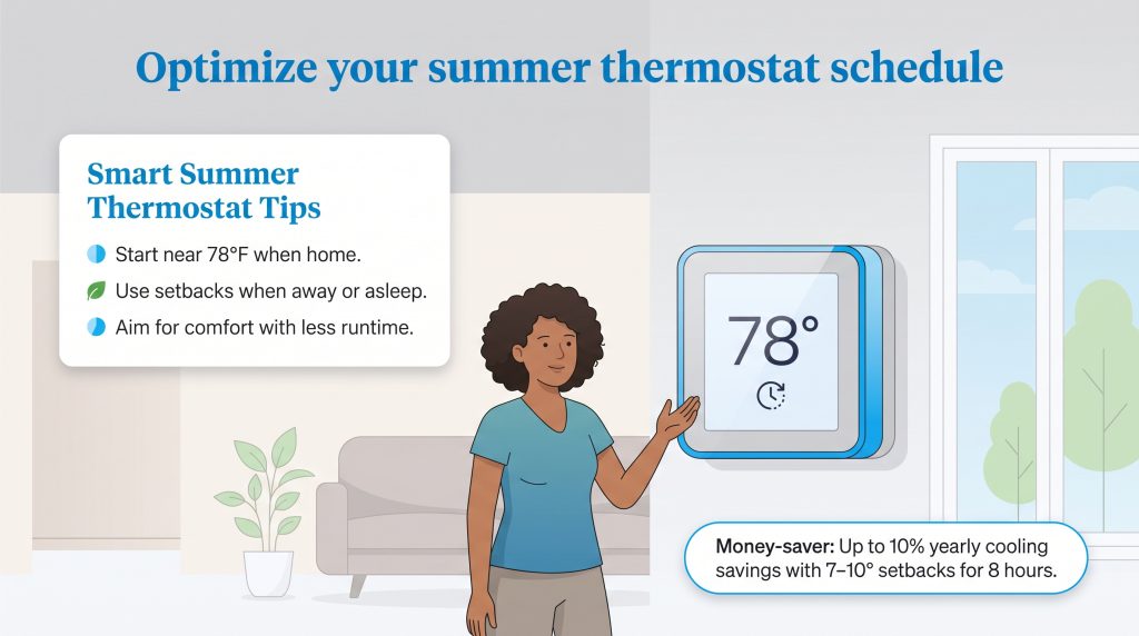Infographic with a woman setting a smart thermostat to 78°F and tips for summer energy savings.