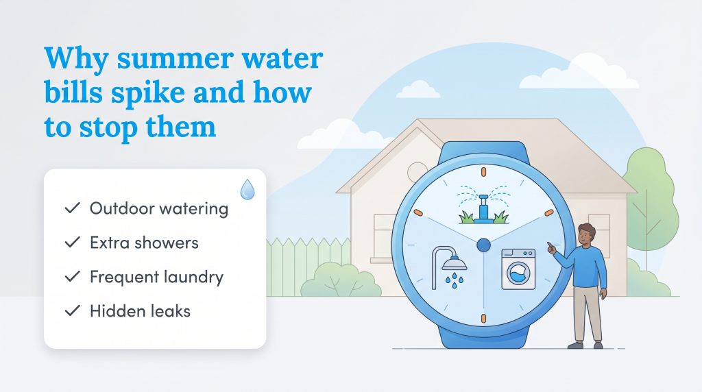 Infographic showing causes of summer water bill spikes like outdoor watering, extra showers, and hidden leaks.