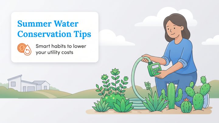 Illustration of a woman using a hose timer to water plants, alongside summer water conservation tips.