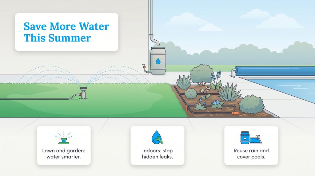 Infographic illustrating summer water conservation tips for lawns, gardens, and pools.