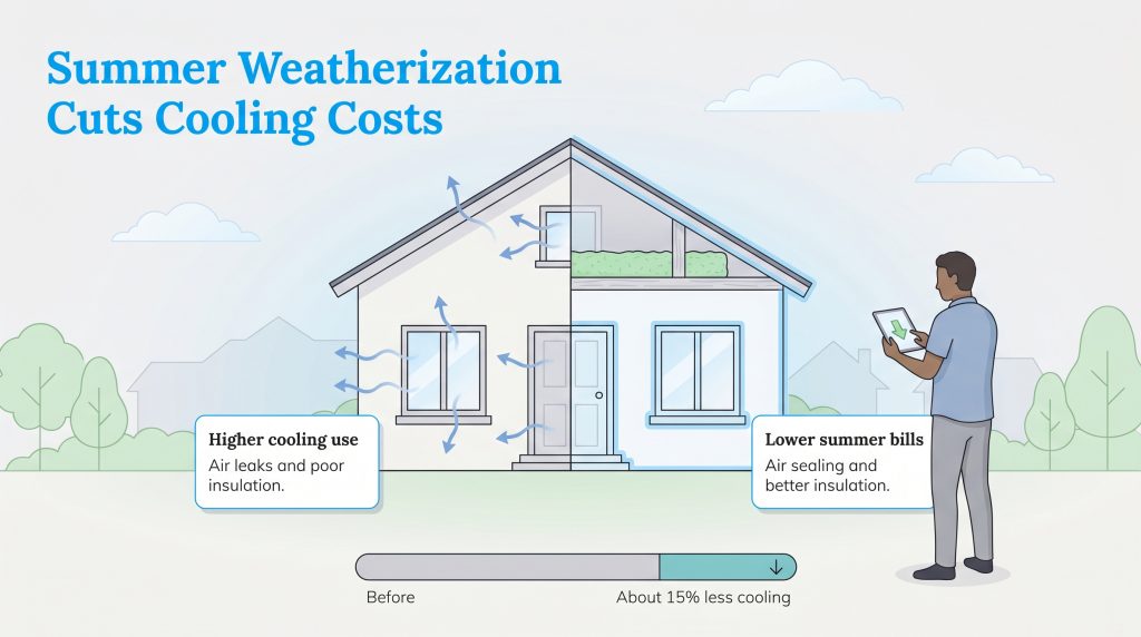 Infographic comparing a drafty home with high cooling use to a weatherized home with air sealing, showing a decrease of about 15% in cooling needs.