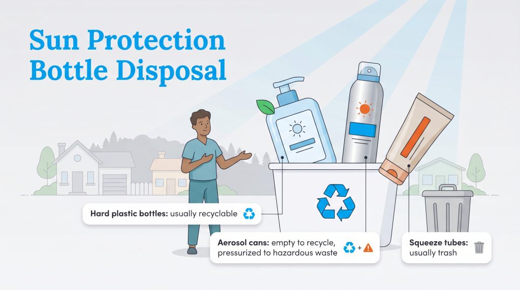 Infographic showing how to recycle hard plastic sunscreen bottles and aerosol cans, and trash squeeze tubes.