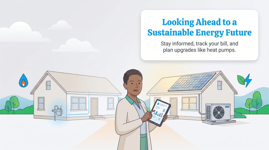 A person holds a tablet between a natural gas home and a home with solar panels and a heat pump.