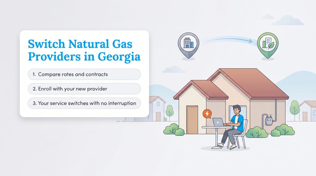 Infographic illustrating the three steps to compare rates, enroll, and switch natural gas providers in Georgia without interruption.