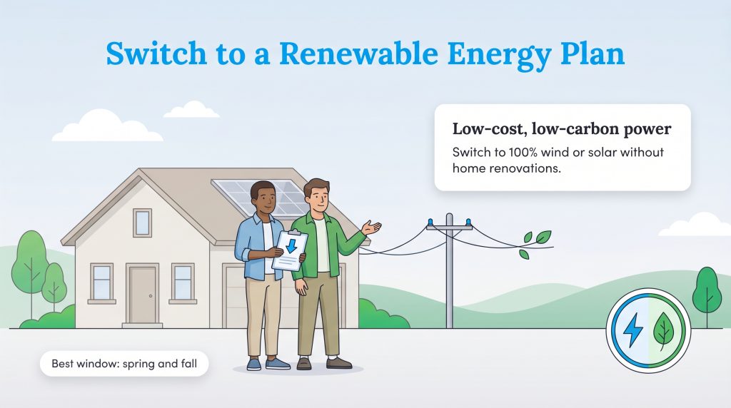 Illustration of two people by a house, discussing switching to low-cost, low-carbon renewable energy.
