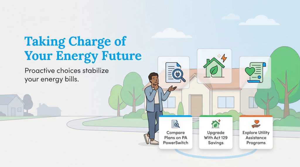 Man by a house with icons for comparing energy plans, upgrading efficiency, and utility assistance.