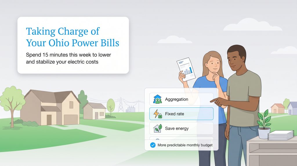 A couple reviews options like Aggregation and Fixed rate to lower Ohio power bills and stabilize costs.
