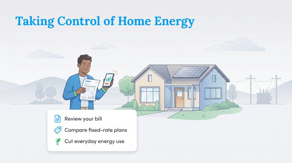 A man with a solar-powered house reviews his energy bill and phone, with a checklist of steps to take control of home energy.
