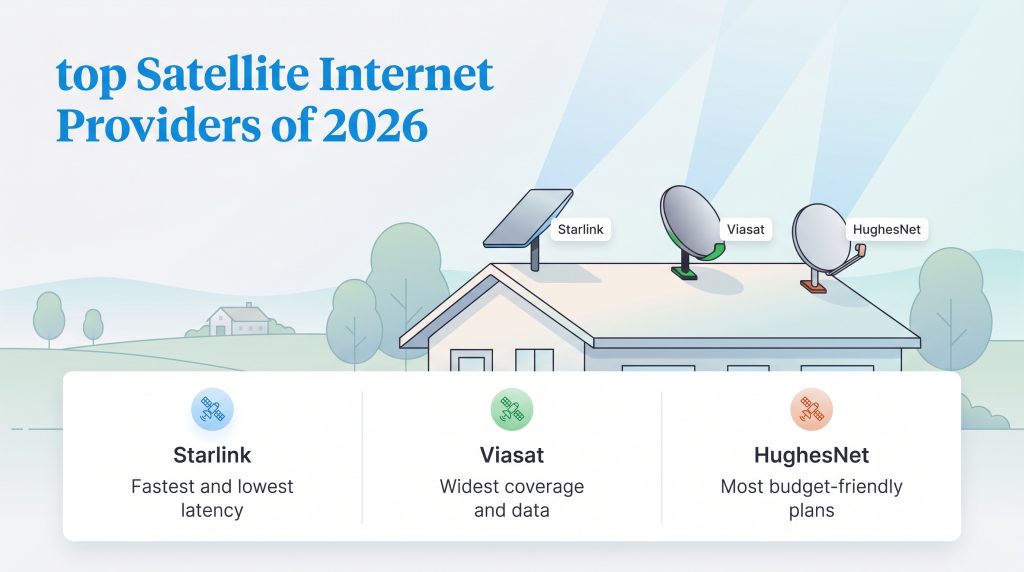 Illustration of Starlink, Viasat, and HughesNet satellite dishes on a house with their key features.