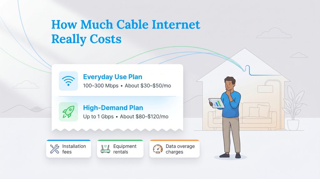 Infographic showing cable internet plans, costs, and additional fees like installation, equipment, and data overage.