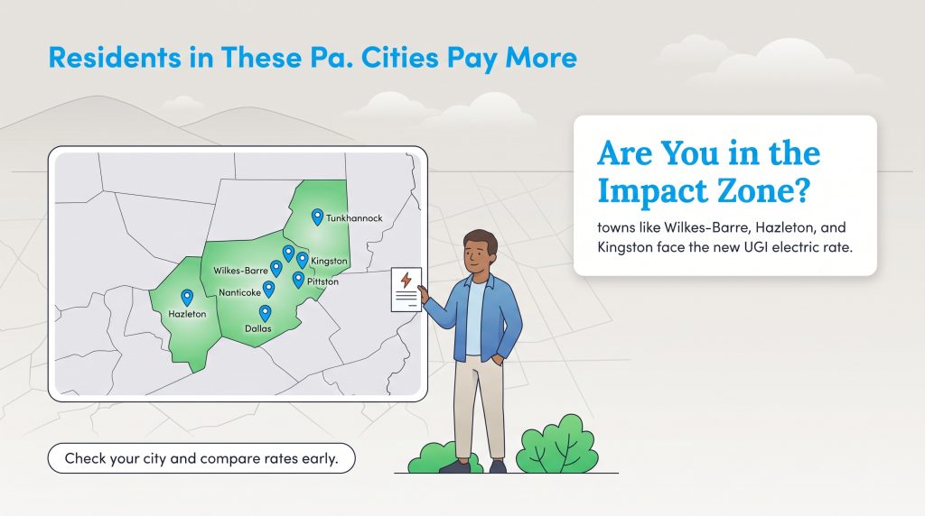 Map highlights Pennsylvania cities like Wilkes-Barre and Hazleton facing new UGI electric rates.