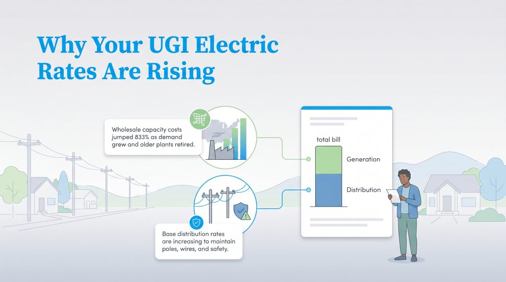 Infographic showing UGI rates rising from spiking generation costs and increased distribution rates.