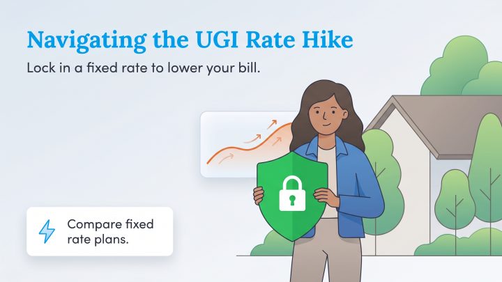 Illustration of a woman holding a shield with a lock to protect from a rising UGI rate hike.