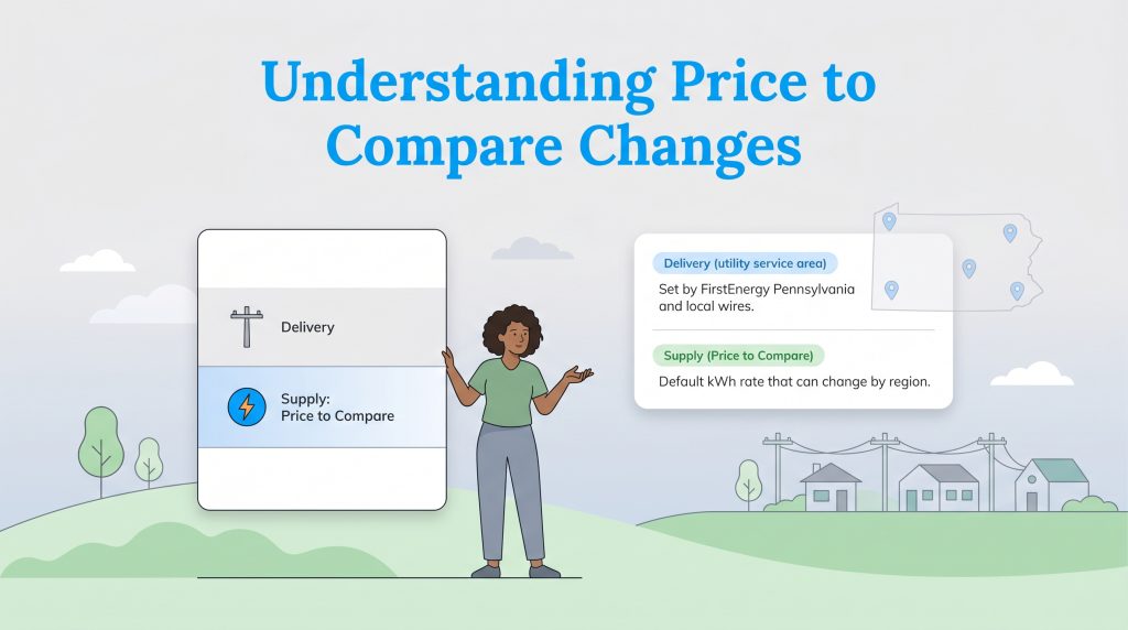 Illustration shows a woman pointing to electric bill components: Delivery and Supply (Price to Compare).