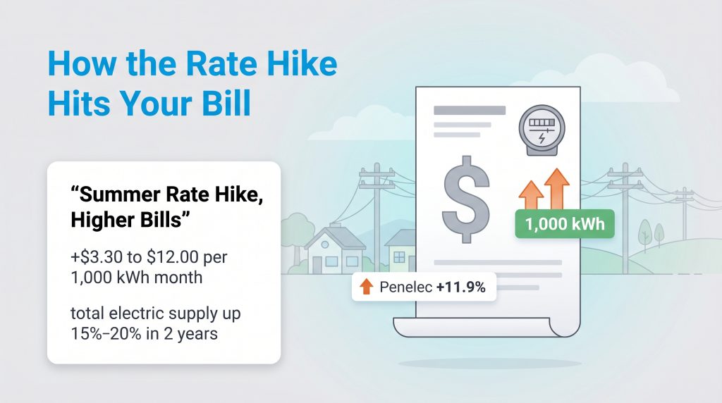 Graphic showing a utility bill with upward arrows and text indicating a summer rate hike and bill increase.