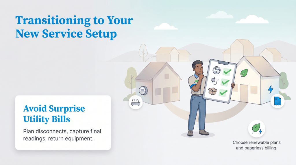 Illustration of a person holding a checklist for utility service transition between two houses.