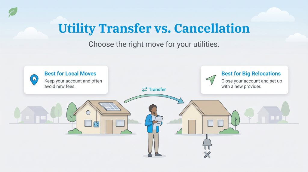 Infographic comparing utility transfer for local moves versus cancellation for big relocations.