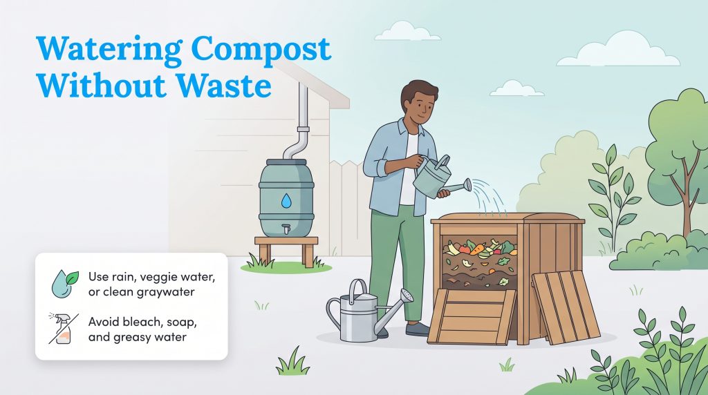 Illustration showing sustainable compost watering from a rain barrel and a list of water dos and don'ts.