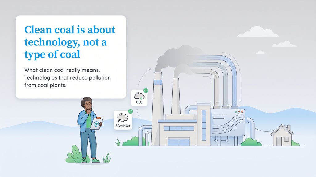 Illustration showing clean coal is technology that reduces pollution from coal power plants.
