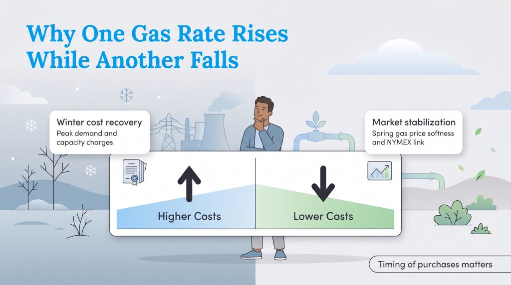 Infographic: Winter peak demand raises gas costs; spring market stabilization lowers them.