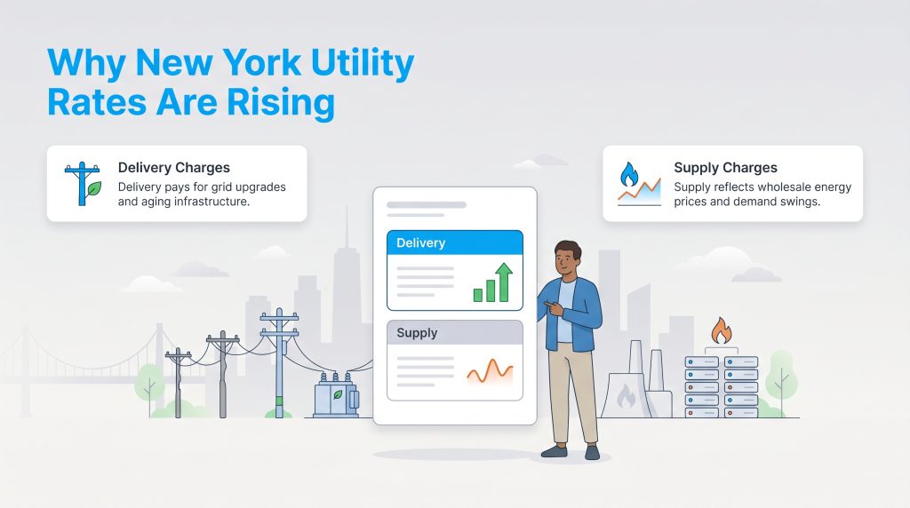 Infographic showing NY rates rise from delivery infrastructure upgrades and fluctuating supply costs.
