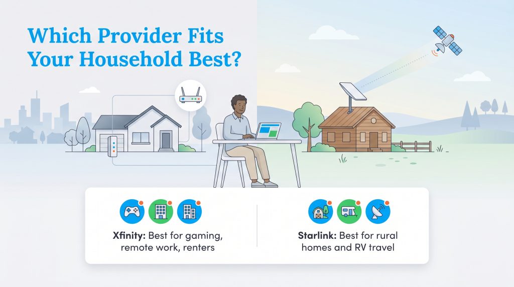 Illustration comparing Xfinity and Starlink internet services and their best use cases.