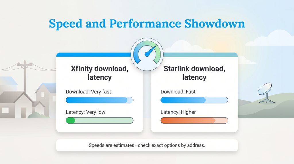 Infographic comparing Xfinity's very fast download and very low latency to Starlink's fast download and higher latency.