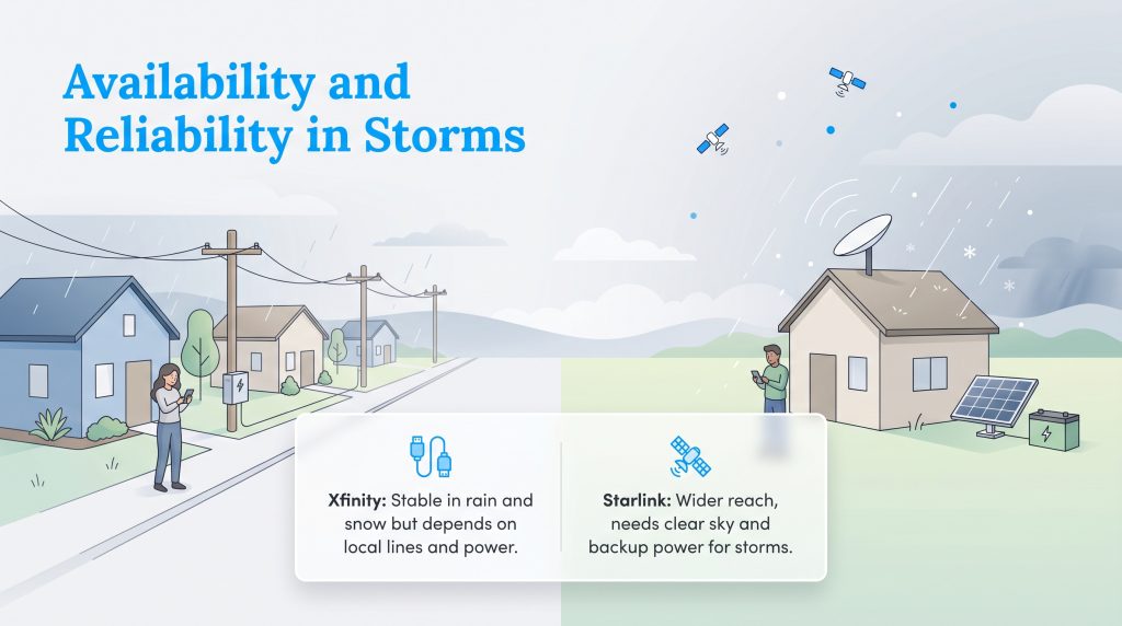 An illustration comparing Xfinity and Starlink internet reliability during stormy weather.