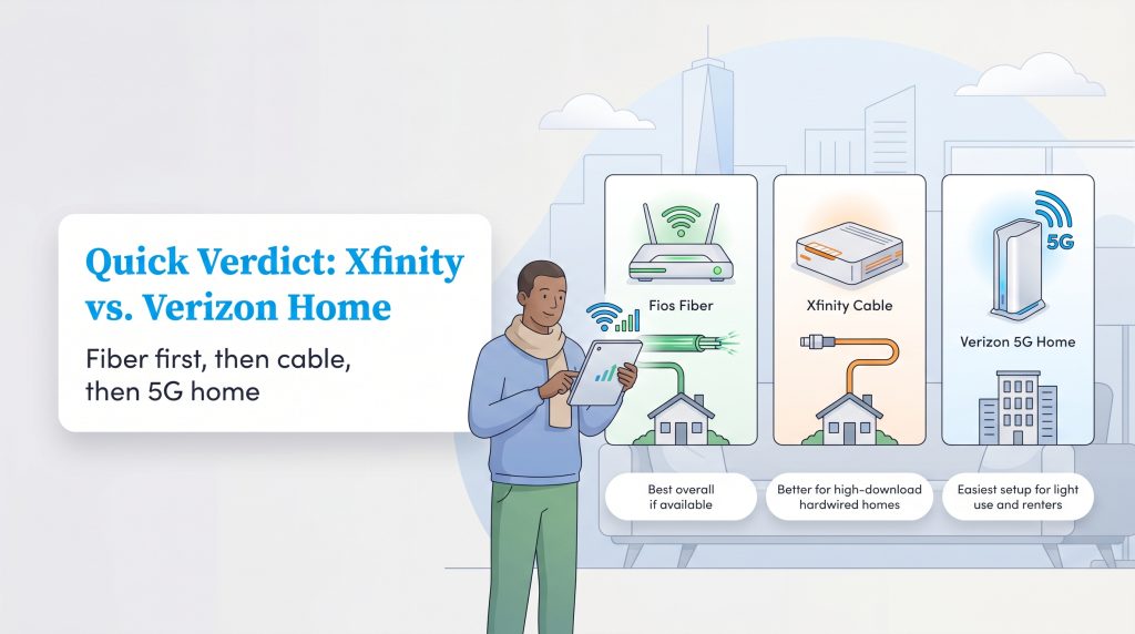 Infographic ranks Verizon Fios Fiber as best overall, followed by Xfinity Cable, then Verizon 5G.