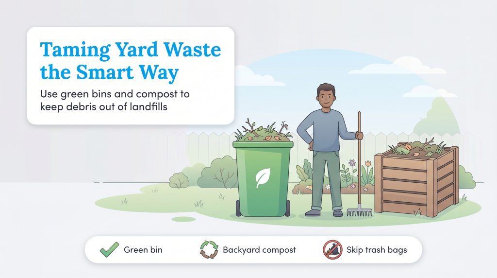 Infographic showing a man with a green bin and compost bin, illustrating smart yard waste disposal methods.