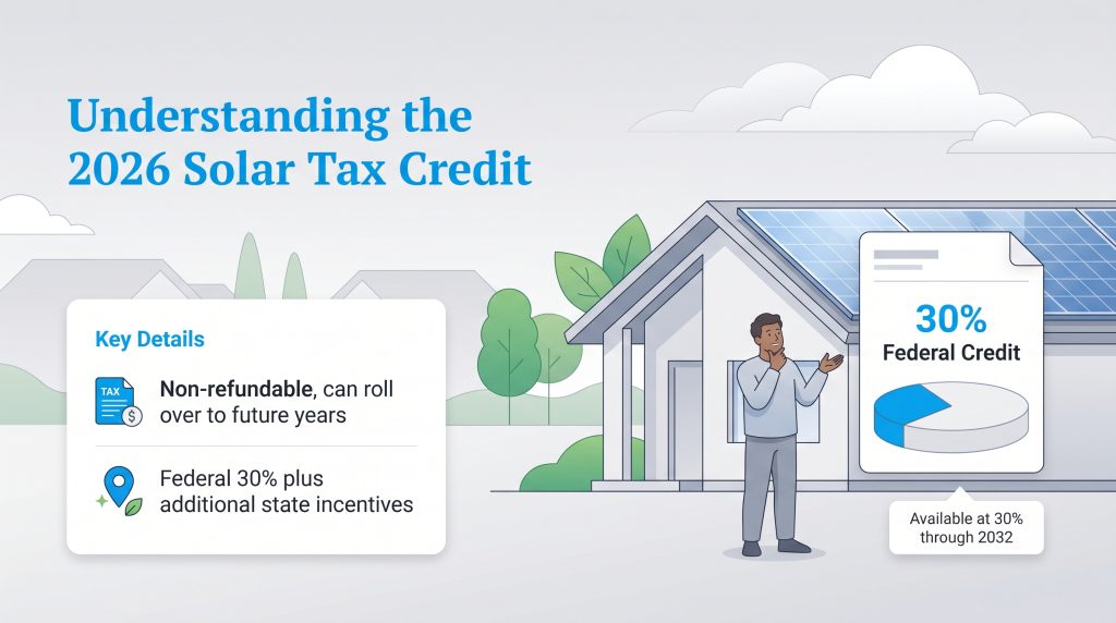 Infographic titled Understanding the 2026 Solar Tax Credit, showing a house with solar panels, a man, and key details like the 30% federal credit and its non-refundable nature.