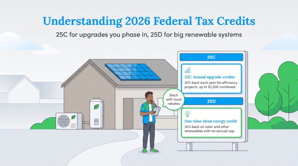 Illustration explaining 2026 federal tax credits 25C and 25D for home energy upgrades.