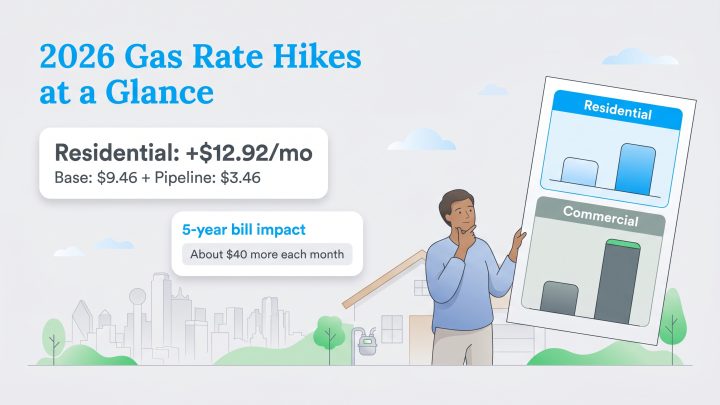 Infographic showing 2026 gas rate hikes: Residential bills increase by $12.92/mo and about $40 more per month over 5 years.
