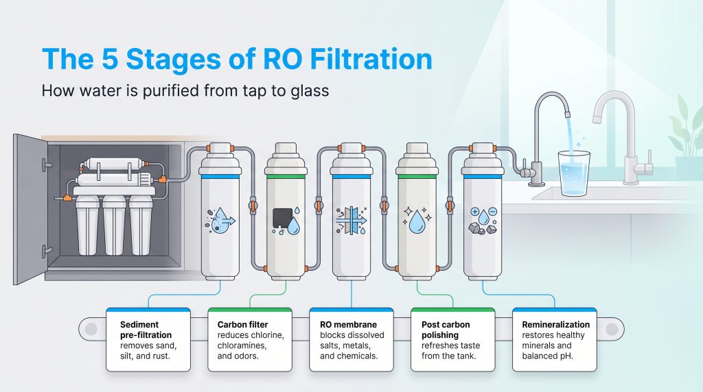 Diagram showing the five sequential stages of reverse osmosis water filtration from tap to glass.