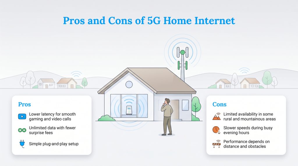 Infographic illustrating the advantages and disadvantages of using 5G for home internet connectivity.