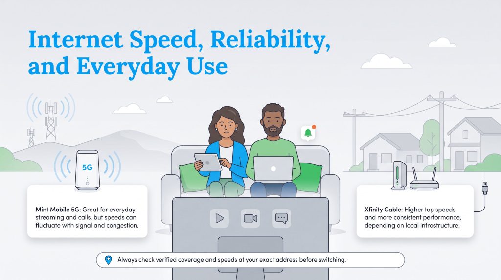 Infographic comparing Mint Mobile 5G and Xfinity Cable internet speed and reliability.