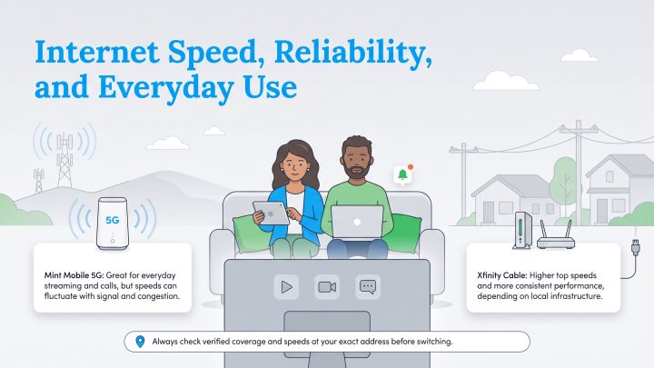 Infographic comparing Mint Mobile 5G and Xfinity Cable internet speed and reliability.