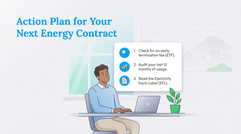A man on a laptop views a three-step checklist for an energy contract action plan.