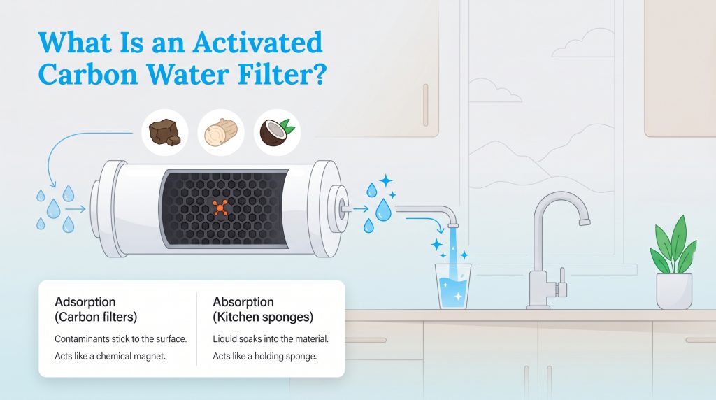 Infographic illustrating how activated carbon water filters use adsorption to trap contaminants like a chemical magnet.