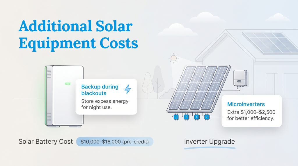 Infographic detailing costs for solar batteries ($10k-$16k) and microinverter upgrades ($1k-$2.5k).