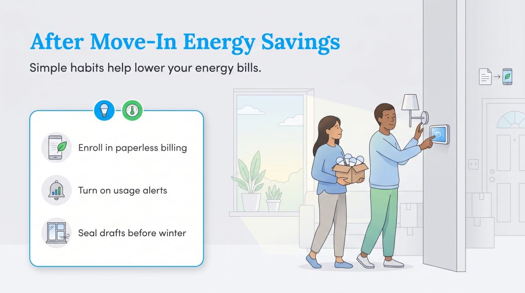 Infographic showing a couple in a new home adopting energy-saving habits like using a smart thermostat.