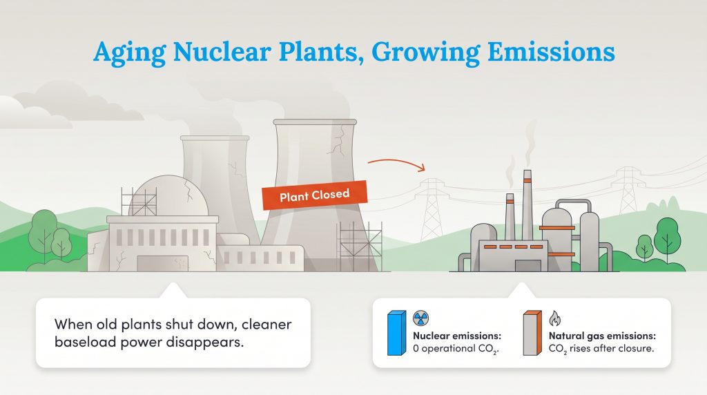 Infographic shows closing an old nuclear plant leads to higher emissions from a replacement natural gas plant.
