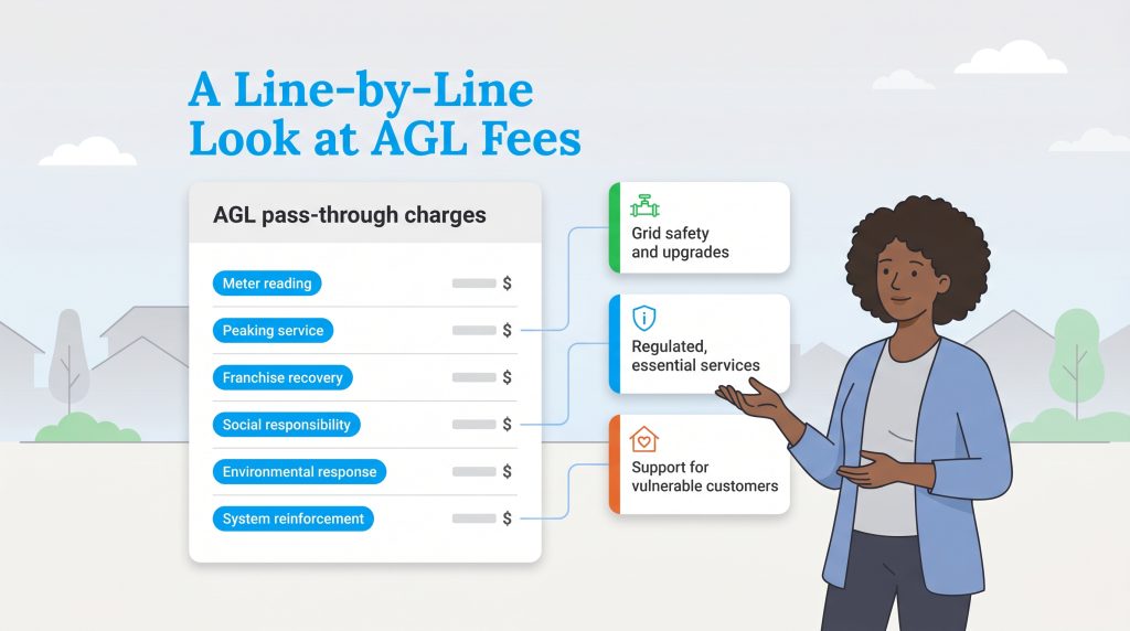 Infographic detailing AGL pass-through charges, categorizing them into grid safety, regulated services, and customer support.
