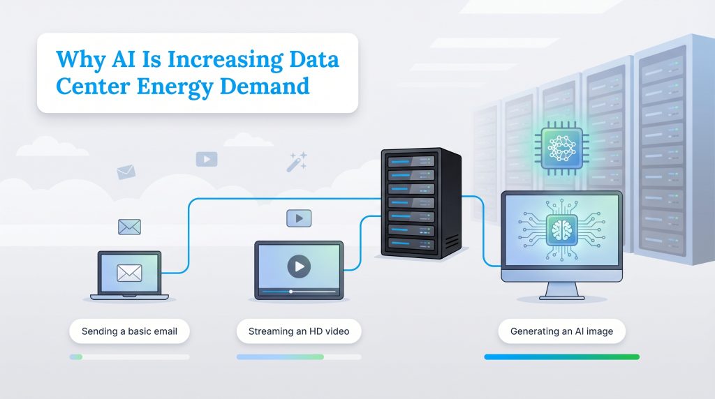 Infographic comparing energy demand for sending an email, streaming video, and generating an AI image.