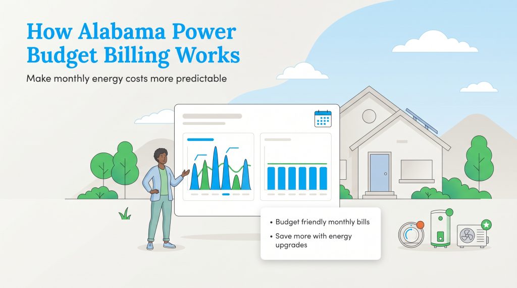 Infographic: Person points to graphs showing stable budget billing, next to a house and energy upgrades.