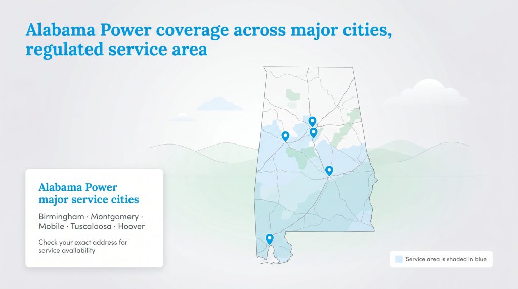 Map of Alabama showing Alabama Power's blue shaded service area and major cities like Birmingham and Montgomery.