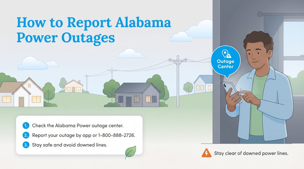 A man uses a phone, next to a graphic with three steps for reporting Alabama Power outages and a safety warning.